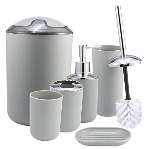 iMucci Grey 6pcs Bathroom Accessories Set - with Trash Can Toothbrush Holder Soap Dispenser Soap and Lotion Set Tumbler Cup
