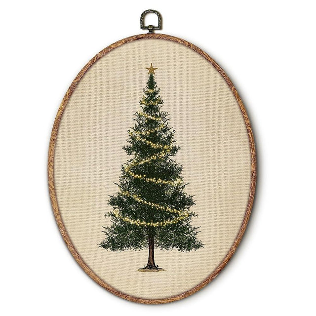Hxlac Vintage Christmas Tree Oval Wall Art Framed, Neutral Antique Christmas Tree Oval Wall Decor, Cottagecore Winter Hanging Canvas Prints Wall Sculptures for Farmhouse Home Living Room Decor, 8.5x11.5 Inch
