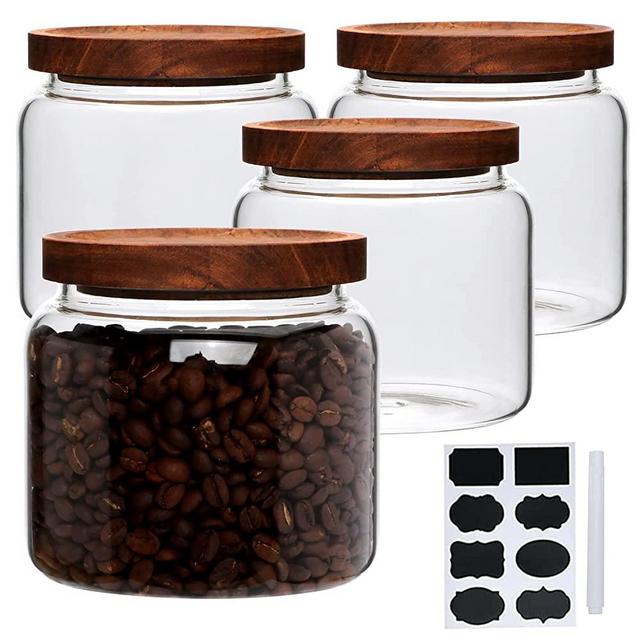 Datttcc Glass Jars,Set of 4 Glass Food Storage Containers with Wooden Lids,Clear Glass Canister Sets for Sugar,Tea,Coffee,Snack,Spice,Herbs(33 oz/ 1000 ml)