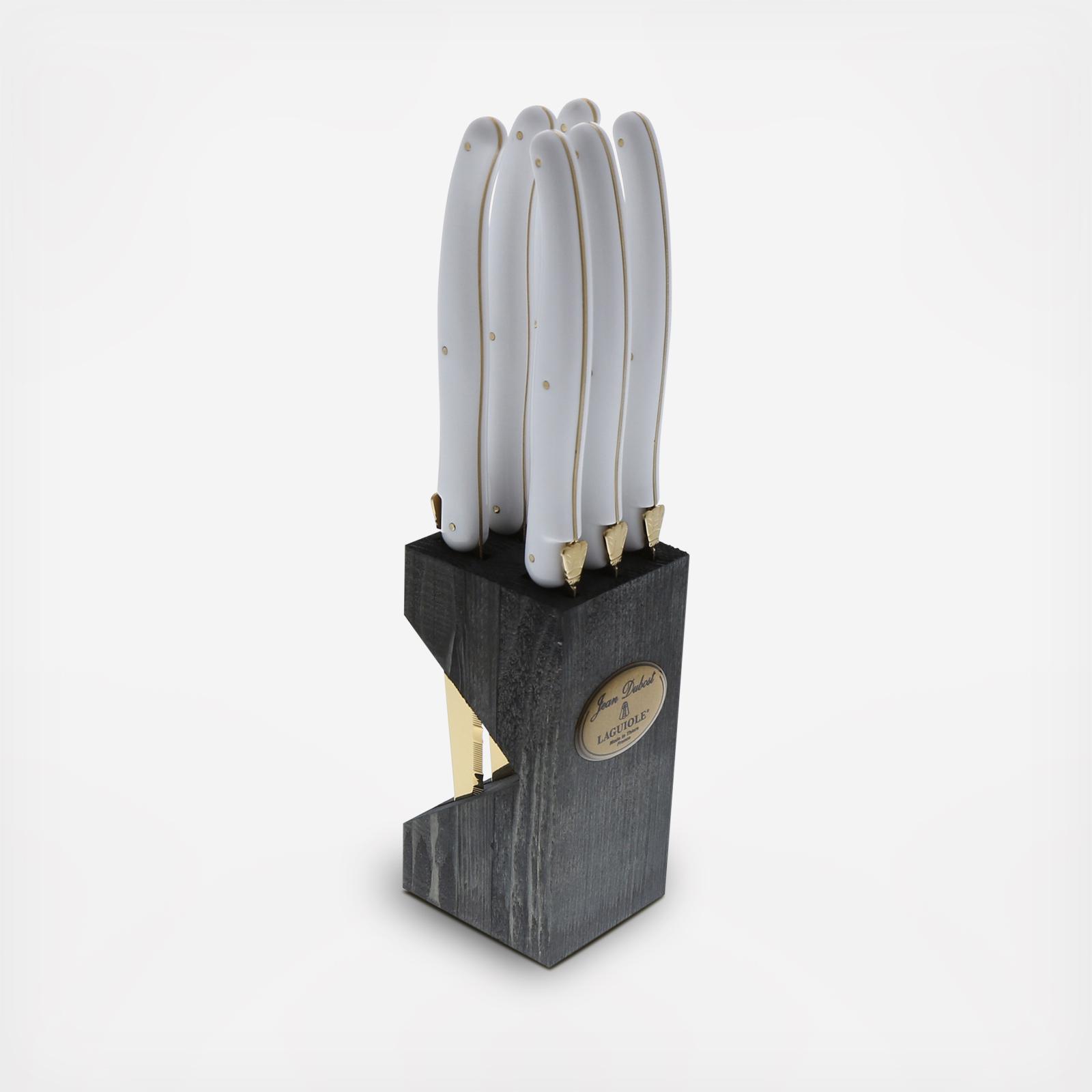 Jean Dubost 6 Steak Knives with White Handles in Black Tray