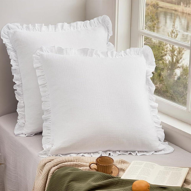 PHF Cotton Muslin Euro Sham Pillow Covers with Ruffle, 2 Pack 3-Layer Gauze 26x26 Pillow Covers, No Filling, Ultra Soft Breathable Euro Shams for Vintage Decor, White