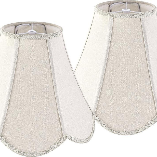 GO&SO Set of 2 Beige Gray Burlap Fabric (Petal Edge Braid) Scalloped Lamp Shade,6"Top x 13"Bottom x 10.6"Vertical Height (Spider) Replacement Lamp Shades for Table Lamps,Floor Lamp Cover,Easy Assembly