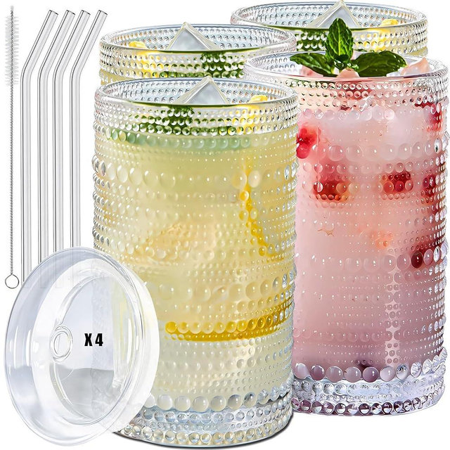 Ework4U 4 Pcs Iced Coffee Glasses Cups with Glass Lids and Straws,12 oz Thick Emboss Beaded Drinking Glass Cup Set,Latte Glasses,Ideal for Water,Soda,Gift - with Cleaning Brushe
