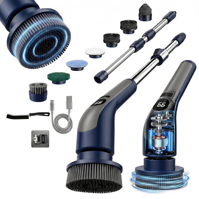 LIVINGPRO Electric Spin Scrubber for Bathroom Cleaning, Cordless Power Scrubber with 70W Dual Speed Motor, LCD Display, IPX7 Waterproof, Adjustable Handle, 7 Brush Heads for Tub Tile Shower Kitchen