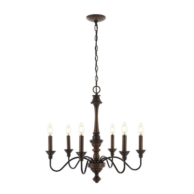 25" 6-Light Oakley Midcentury Farmhouse Iron LED Chandelier Wood Finished/Oil Rubbed Bronze - JONATHAN Y: UL Listed, Adjustable Height