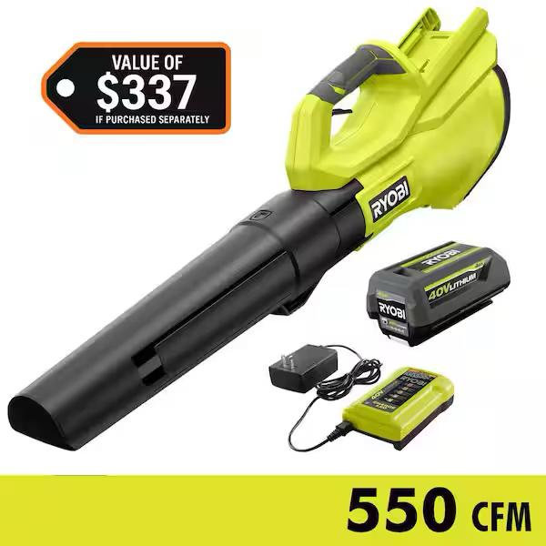 RYOBI 40V 120 MPH 550 CFM Cordless Battery Leaf Blower With 4.0 Ah Battery and Charger RY40LB01K