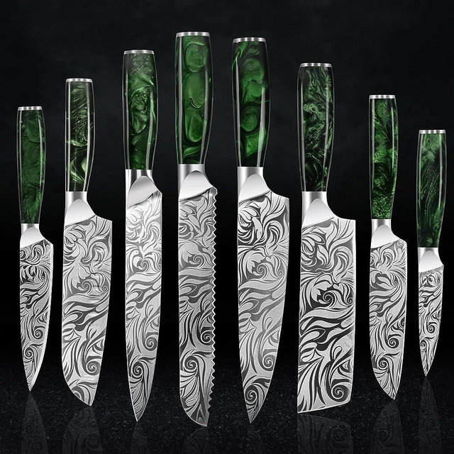 SENKEN 8-piece Engraved Japanese Kitchen Knife Set & Beautiful Green Resin Wood Handles - Wasabi Collection - Chef's Knife, Bread Knife, Cleaver Knife, Paring Knife, & More