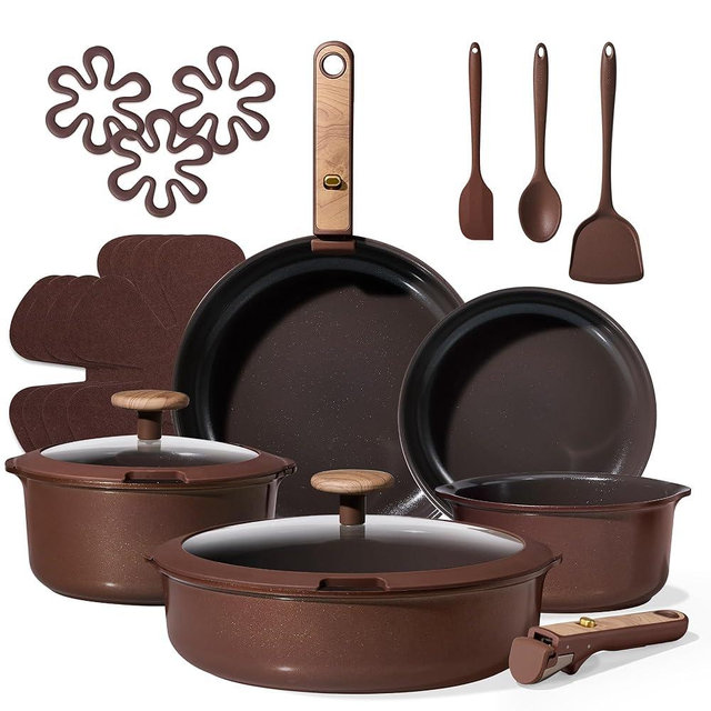 CAROTE 19PCS Ceramic Nonstick Cookware Set, Pots and Pans Set with Detachable Handle, PFAS-Free Non-Toxic, Induction & Oven Safe, Stackable Space-Saving, Dark Choco