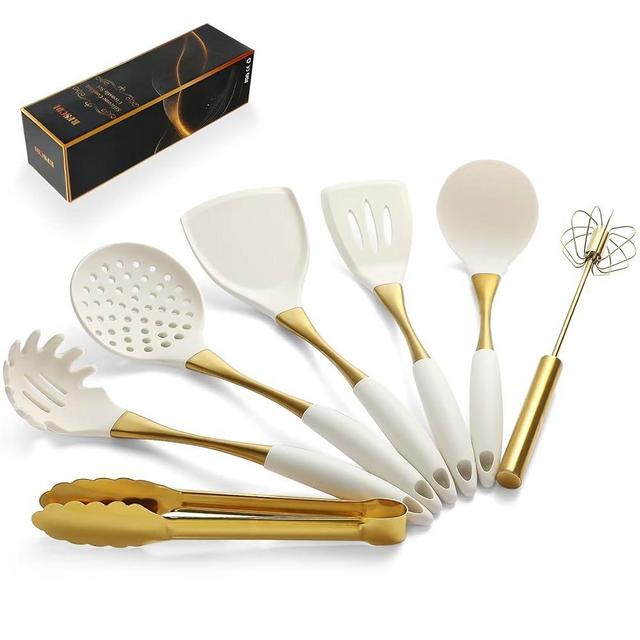 Elegant Gold Silicone Cooking Utensils Set - Non-Toxic, Dishwasher Safe Kitchen Tools with Ergonomic Comfort Handles & Chic Gold Stainless Steel Detailing for Family Cooking（White gold)