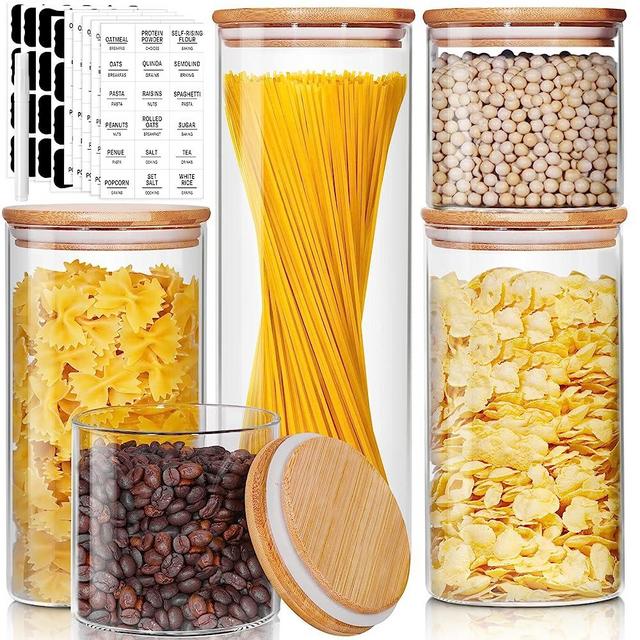 HomArtist Glass Jars with Bamboo Lids [Muti Size Set of 5], Glass Canisters with Airtight Lids, Glass Food Storage Containers for Pasta, Oats, Coffee, Flour, Sugar, Rice, Best for Kitchen & Pantry