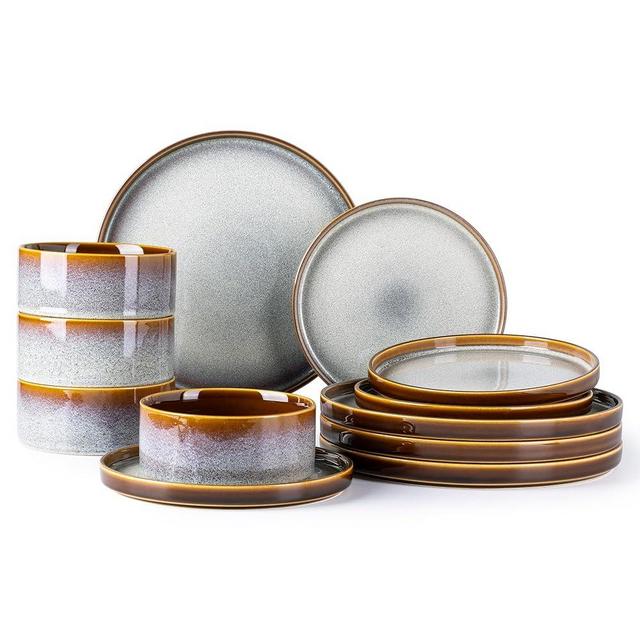 LeRatio Ceramic Dinnerware Sets for 4,Round Reactive Glaze Ceramic Plates and Bowls Set,Highly Chip and Crack Resistant | Dishwasher & Microwave Safe Dishes Set,Service for 4 (12pc)-Kahki