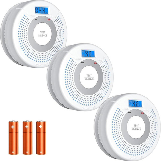 Linsoal 3 Pack Combination Photoelectric Smoke Alarm and Carbon Monoxide Detector Battery Operated with Digital Display (White)