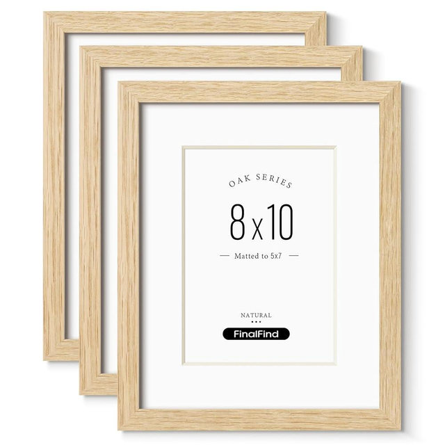 FinalFind 8x10 Picture Frame with Mat for 5x7 Set of 3, Natural Solid Oak Wood Picture Frames 8x10 with Tempered Glass for Wall & Tabletop(3 Pack,Oak)