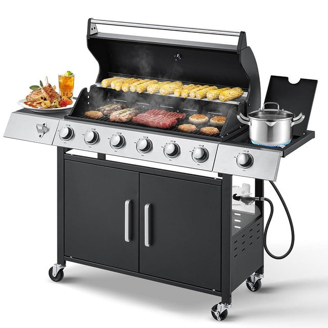 MELLCOM Upgraded 60,000 BTU Stainless Steel Burner Barbecue Grill, 6 Burner BBQ Propane Gas Grill with Side Stove & Cast Iron Grates for Patio, Camping, Outdoor Cooking