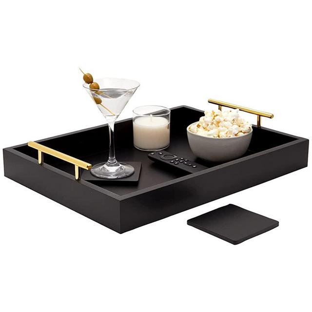 Black Wooden Serving Tray with Handles and Coasters (16.5 x 12.2 x 3.1 in)