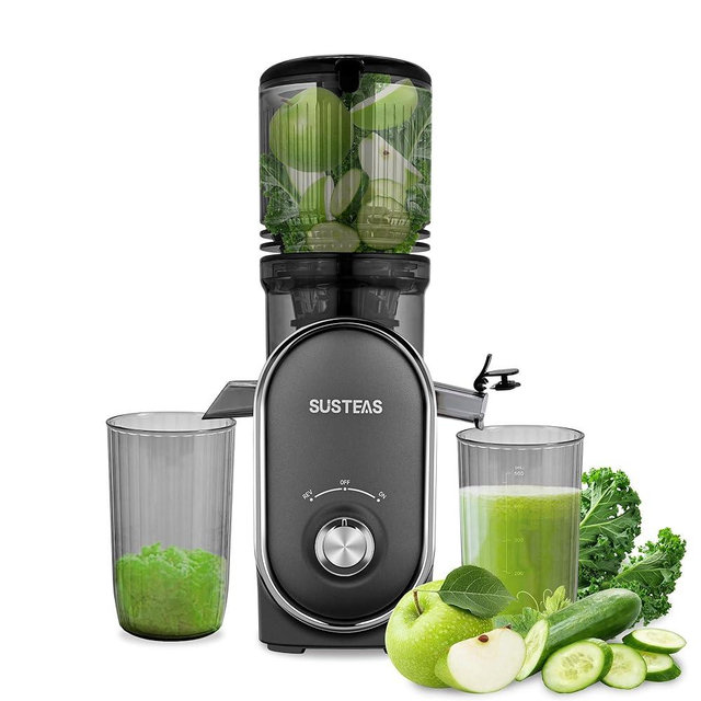 SUSTEAS Cold Press Juicer, 5.3" Feed Chute(50oz Capacity), 300 Watt Slow Masticating Juice Extractor for Whole Fruits and Vegetables, Automatic Feed, Easy to Clean, High Juice Yield,Silver gray
