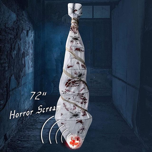 Cocoon Corpse Creepy Halloween Decorations Hanging Decor Scary Corpse Props Lighted Realistic with Led Skull Eyes Spooky Sound, Haunted House Props for Indoor Outdoor Home Hallomas Party 72 Inches