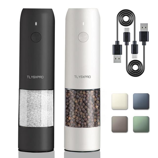 Electric Salt and Pepper Grinder Set, USB Rechargeable, Automatic Salt and Pepper Mill Grinder with Adjustable Coarseness, Electric Salt Shakers, LED Light, Refillable (2 Packs, Black&White)
