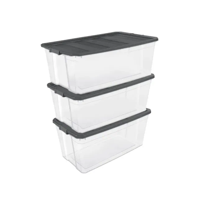Sterilite 200 Quart Plastic Stacker Box, Lidded Storage Bin Container for Home and Garage Organizing, Shoes, Tools, Clear Base & Gray Lid, 3-Pack
