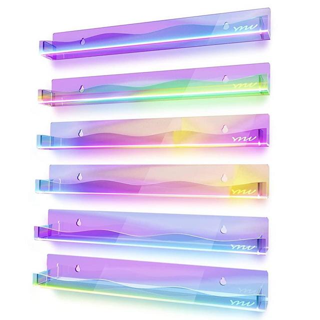 YMVV 15" Nail Polish Rack Wall Mounted Shelf,6 Pack Clear Rainbow Iridescent Acrylic Nail Polish Organizer Nail Supplies for Nail Techs,Great Display for Salons Retailers