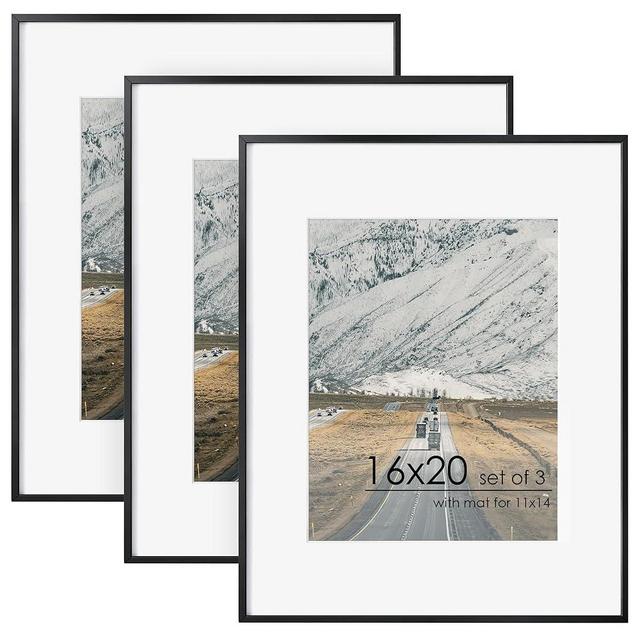 FLYJOE 16x20 Metal Picture Frame For Wall With Mat For 11x14, 16''x20'' Aluminum Photo Frames With Tempered Glass, Minimalist Modern Poster Frame Horizontally Vertically Set of 3, Black