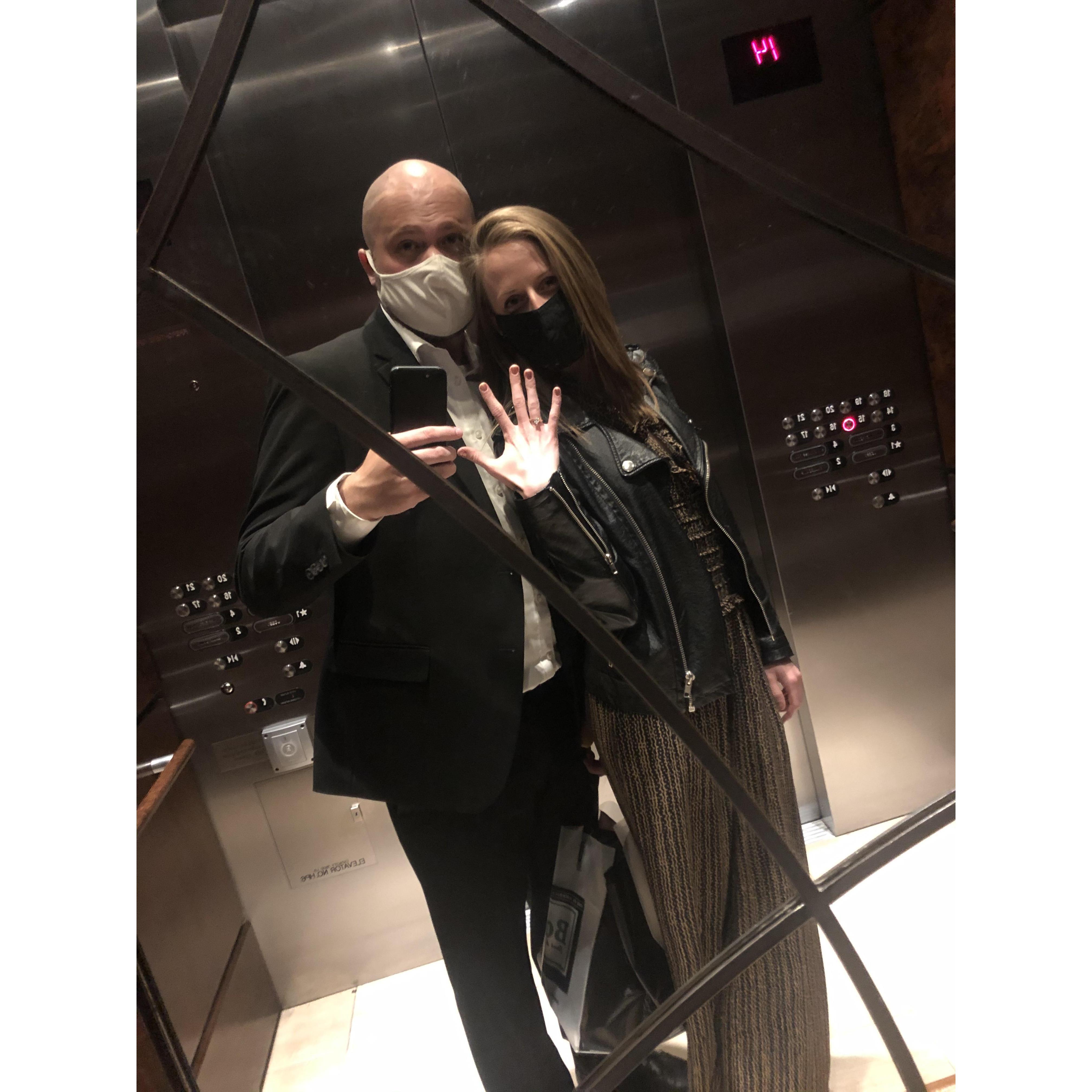 We had a fancy dinner and stayed downtown for the weekend. We were now masked, vaxxed, and ENGAGED! What year.