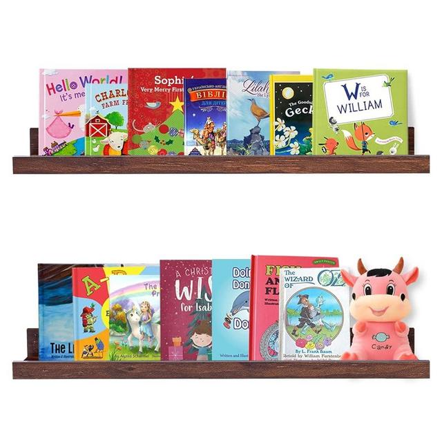 AZSKY Floating Book Shelves Wall Mounted Deep Walnut Display Shelves for Home Living Room Bedroom Bathroom Office Set of 2
