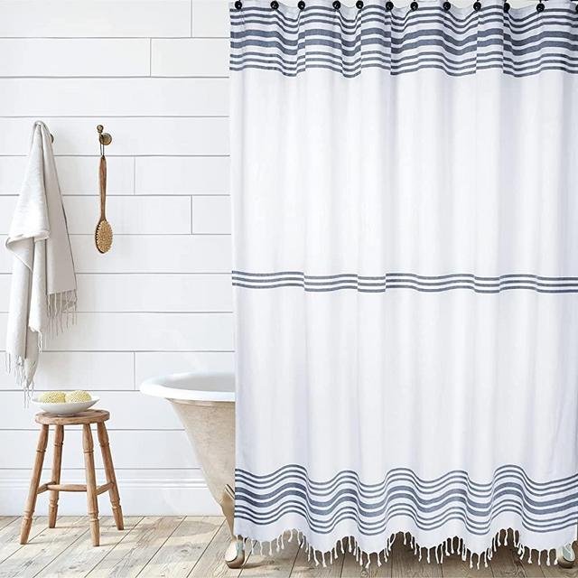 Hall & Perry Modern Block Farmhouse Shower Curtain with Tassels -100% Cotton Striped Fabric for Bathroom, Navy and White