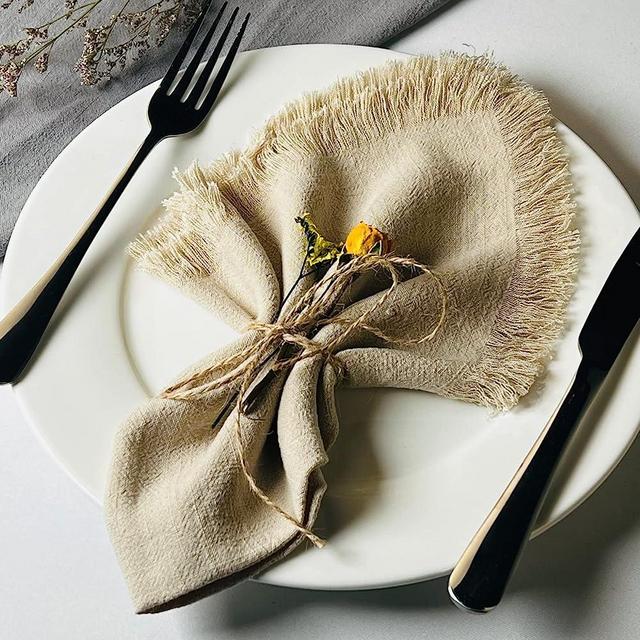 Dololoo Handmade Cloth Napkins, Cotton Linen Cloth Napkins with Fringe, Versatile Handmade Square Rustic Fringe Napkins for Dinner, Wedding and Parties, 18 x 18 Inches Set of 12, Beige