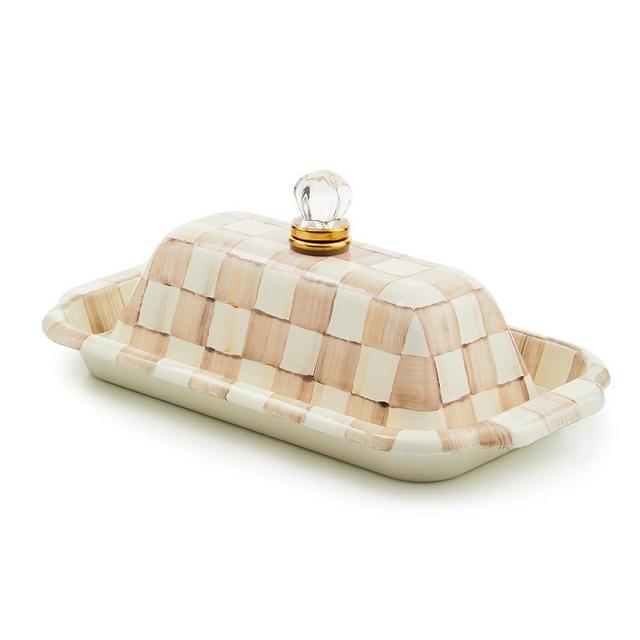 MACKENZIE-CHILDS Enamel Butter Box, Cute Lidded Enamel Butter Dish, Brown-and-White Mocha Check