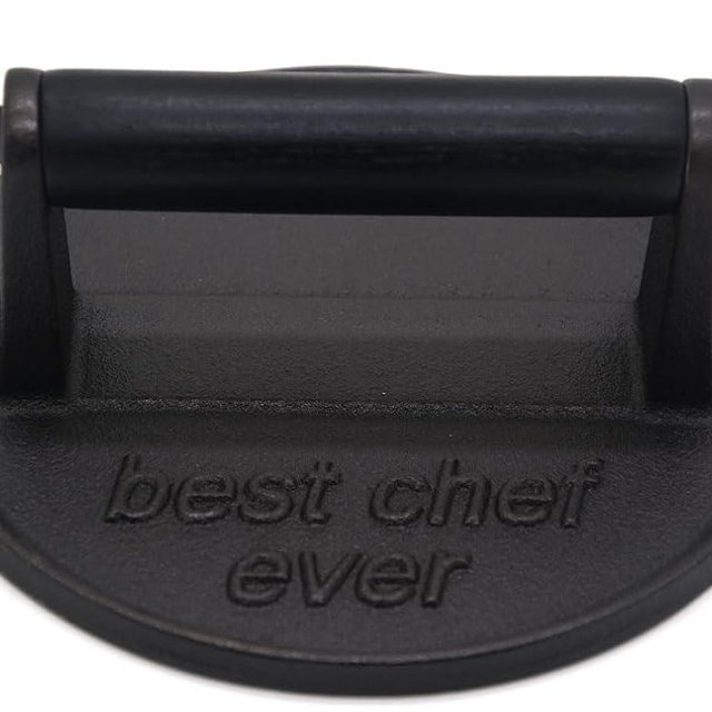 JNXHON Best Chef Ever Heavy Duty Cast Iron Grill Press Burger Press Bacon Press Barbecue Press Meat Press Burger Smasher Round Flat Press with Anti Scalding Wooden Handle Unique Chef Gifts
