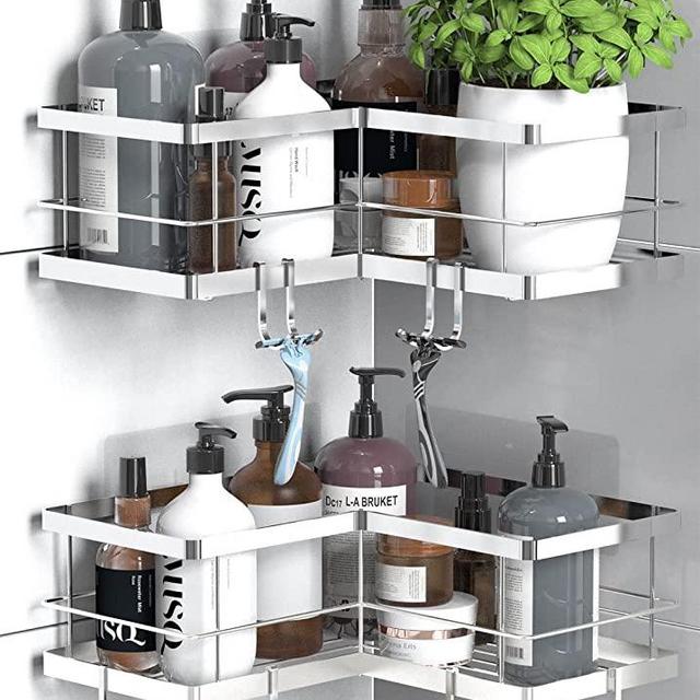 Carwiner Corner Shower Shelf 2-Pack, 304 Stainless Steel Shower Caddy with Adhesive, Wall Mounted Bathroom Shelf, Shower Rack Hanging Storage Organizer (Silver)