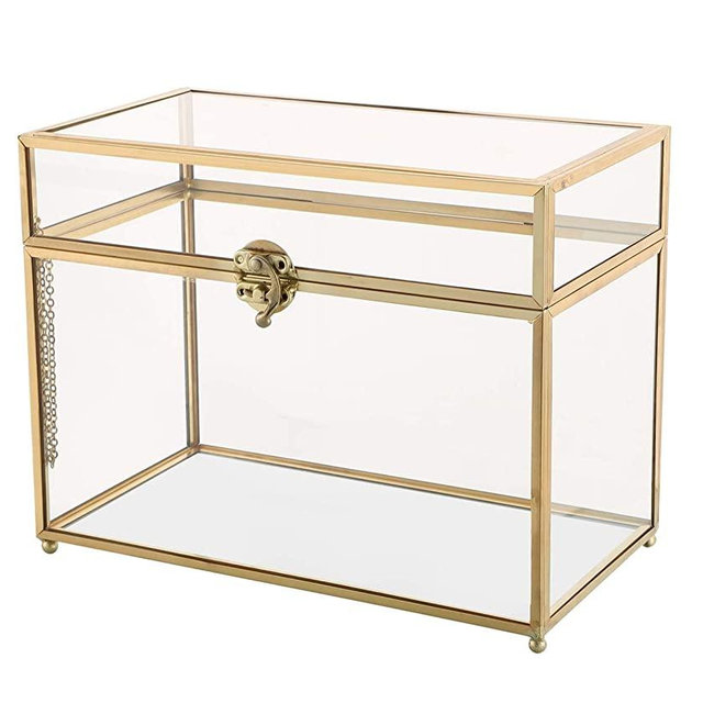 NATGAI Glass Card Box Large Geometric Terrarium Gold Handmade Brass Vintage Rectangle Shape with Foot (10 x 5.6 x 7.7 inches)