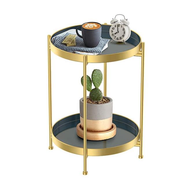 Round Side Table, Gold Metal 2 Tier Tray Metal End Table for Sofa Living Room Tea Table Small Spaces
