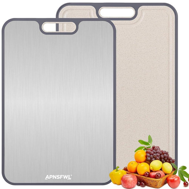 Non-Toxic,Food-grade 304 Stainless Steel Kitchen Cutting Board, Kitchen Essentials: Chopping Boards, Double-sided (304 Stainless Steel & Wheat Straw PP), Easy to Clean, Large Size 16”×11”