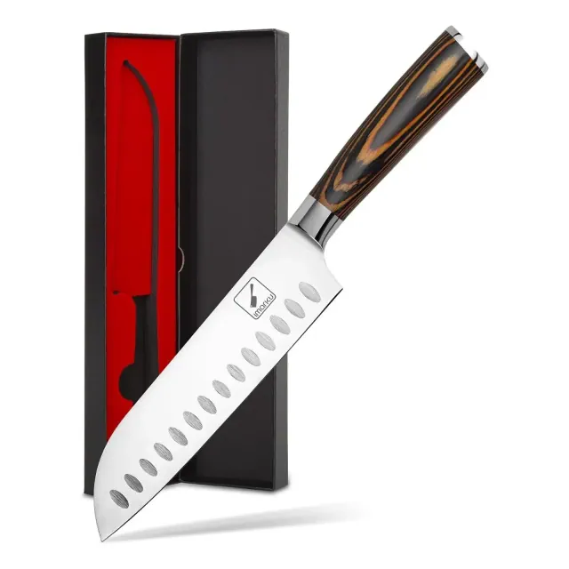 imarku Santoku Knife, 7 inch Kitchen Knife Ultra Sharp Cooking Knife-German HC Stainless Steel 7Cr17Mov - Ergonomic Pakkawood Handle, Orange