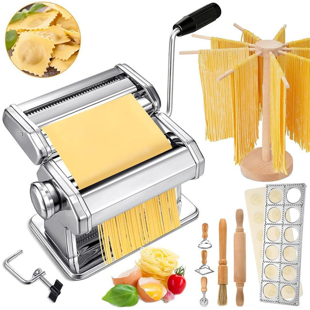 Hushee 8 Pcs Pasta Maker Machine Set Including Stainless Steel Noodle Maker Machine Wood Pasta Drying Rack Ravioli Stamp Maker Cutter with Pasta Cutter Wheel Mini Rolling Pin Cleaning Brush