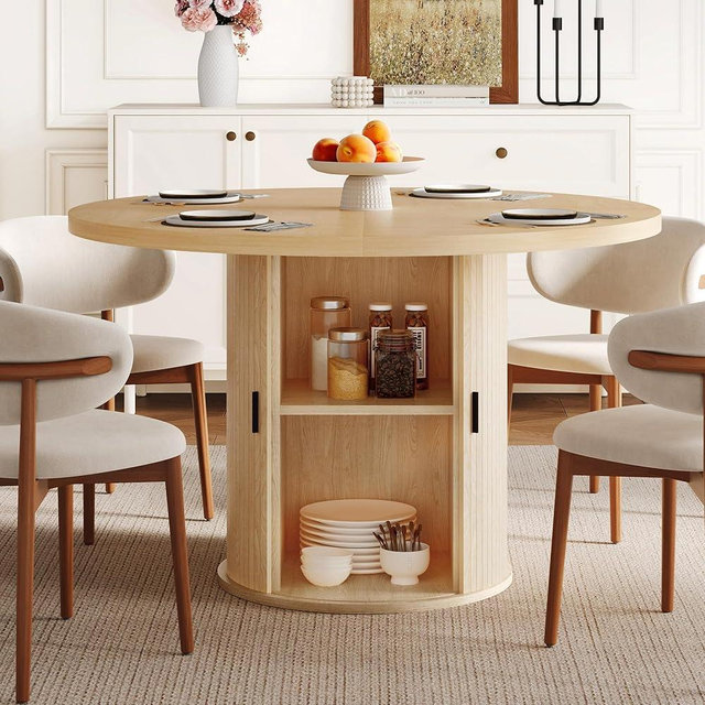 YUUIJOAA 47 inch Round Dining Table for 4-6, Dinner Table with 2-Layer Storage Shelf, Morden Circle Kitchen Table with Wooden Strip Base and Wood Slide Door for Home Dining Room, Living Room, Natural
