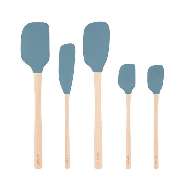 Tovolo Silicone Spatula with Wooden Handle Set of 5 Piece Silicone Kitchen Utensil Set Spoonula Jar Scraper Mini Spatula and Spoonula for Cooking Baking Mixing Folding Blue Slate