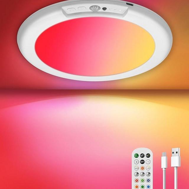 Motion Sensor Rechargeable Shower Light for Inside Shower with Remote, RGBW Battery Operated Ceiling Light, Wireless, Color-Changing Ambient Light, Warm-to-Cool Whites, Dimmable, Timer, Magnetic