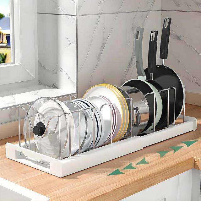 KXSGKRR Pot and Pan Organizer, Expandable Pots and Pans Organizer Under Cabinet, Pot Lid Holder with 10 Adjustable Compartment for Pot, Bakeware, Cutting Boards, Lid, Dishes