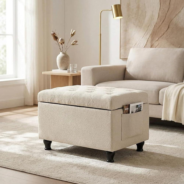 DECO DE VILLE 24'' Rectangular Ottoman with Storage for Living Room & Bedroom, Upholstered Fabric Shoe Bench and Footrest with Safety Hinge, 330lb Capacity, Beige