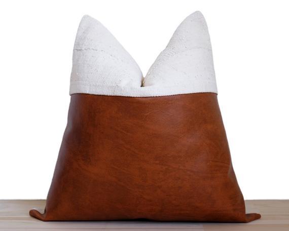 Faux Leather and Natural Mudcloth Pillow Cover | 'Indi'