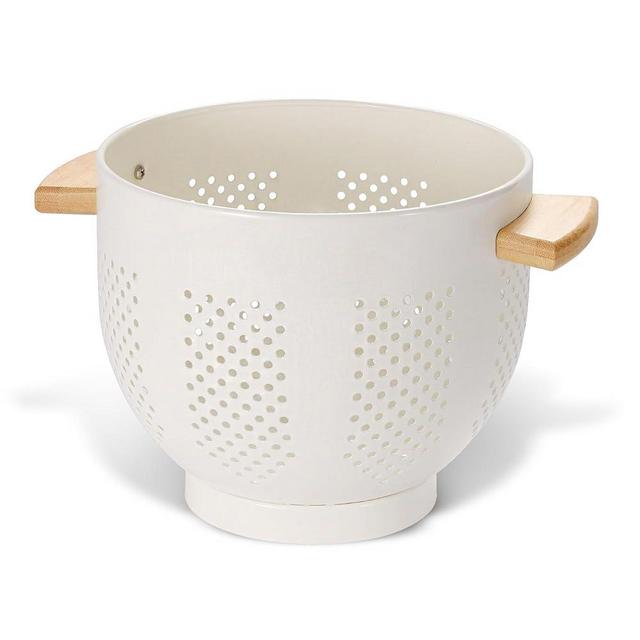 Metal Colander with Wood Handle and Stable Base, Powder Coated Steel Kitchen Strainer Basket for Draining Pasta, Vegetable and fruit (7quart,Cream)