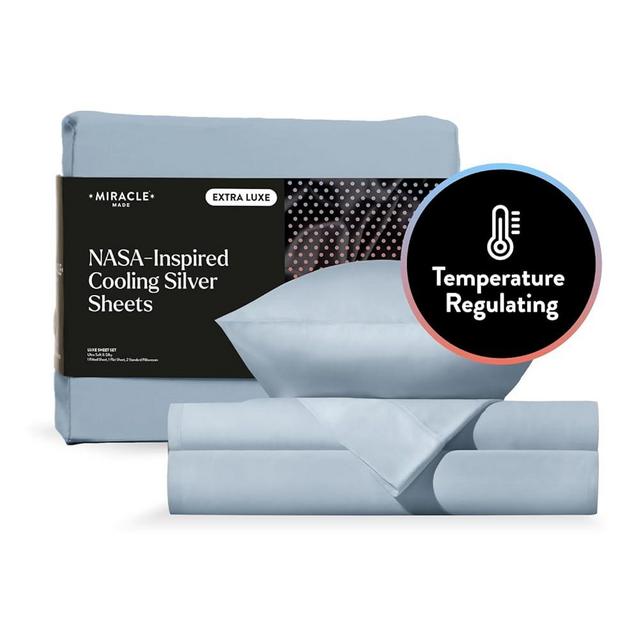 Miracle Made® Newly Improved Extra Luxe Cool IT™ True Grip ® Fitted Bed Sheets –Sky Blue,King– 4 Piece Silver Infused, 300-Thread-Count Eucalyptus Fabric