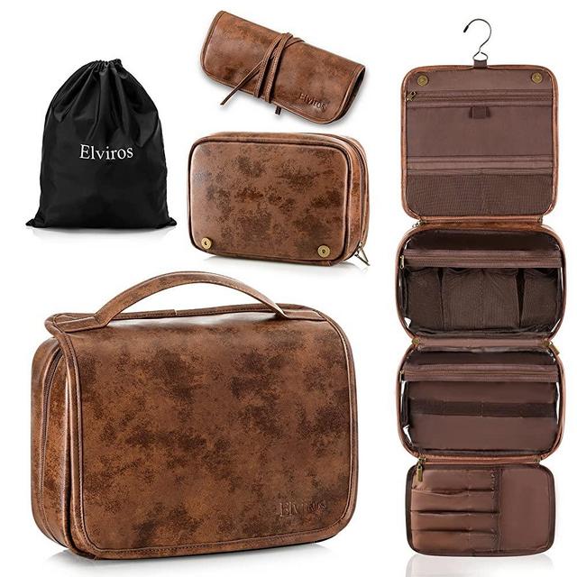 Elviros Toiletry Bag Hanging Travel Organizer for Men and Women, 3 in 1 Multifunctional Large Makeup Cosmetic Case for Toiletries Accessories, Water-resistant PU Leather Bathroom Dopp Kit Shaving Bag (Dark Brown)