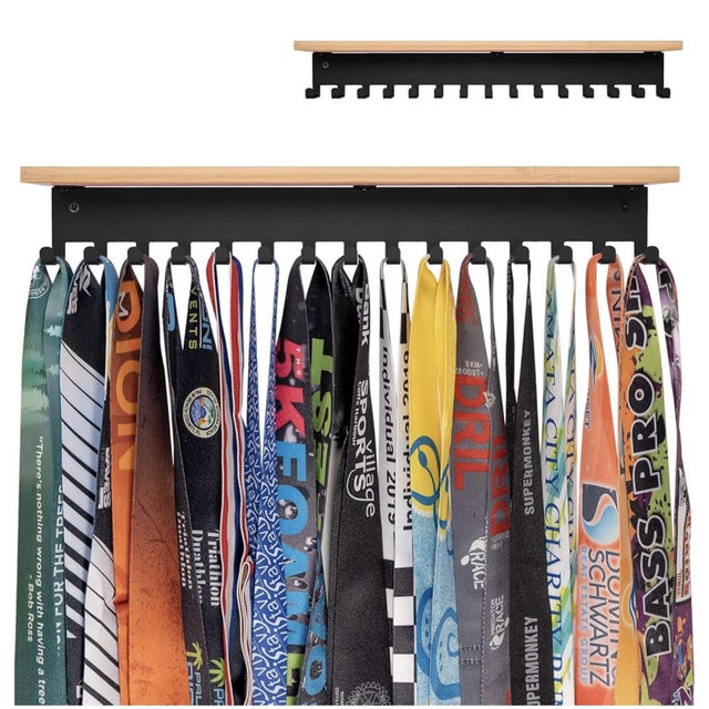 iBobbish Premium Trophy and Medal Display Shelf 16inchL,Metal Trophy Shelf with Hooks Upgraded,Large Bamboo Trophy Board Display,Sturdy Trophy Shelf with Hooks for Medals Metal Wall Mount Medals