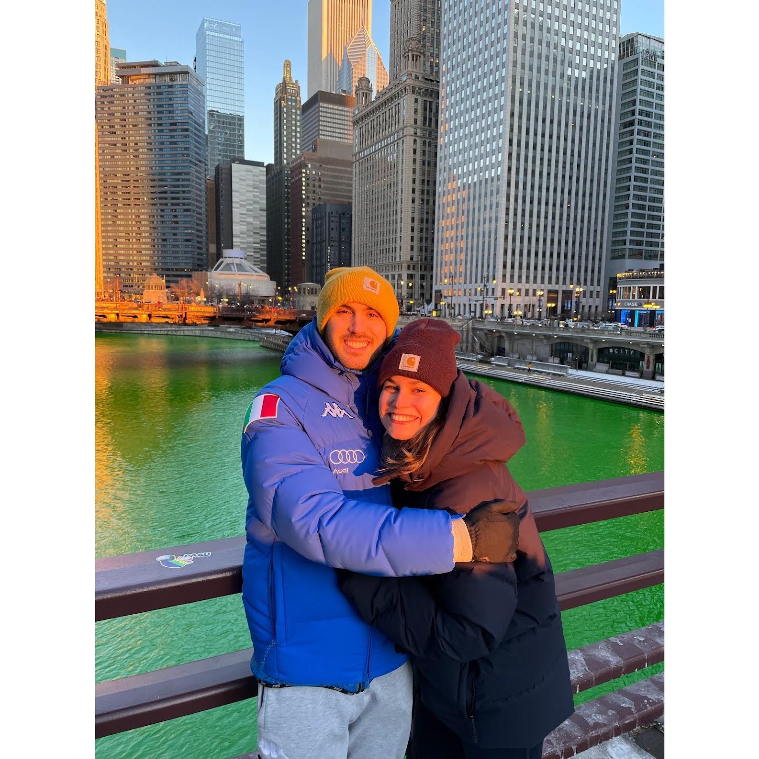 Celebrating St. Patrick’s Day Chicago style on the bridge we got engaged at.