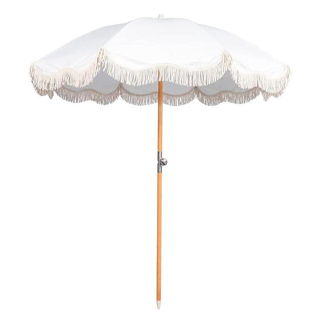 Funsite 6.5ft Boho Beach Umbrella with Fringe, UPF 50+ Tassel Umbrellas with Carry Bag, Premium Wood Pole Foldable Patio Umbrella for Outdoor Holiday Garden Lawn Pool Yard Table