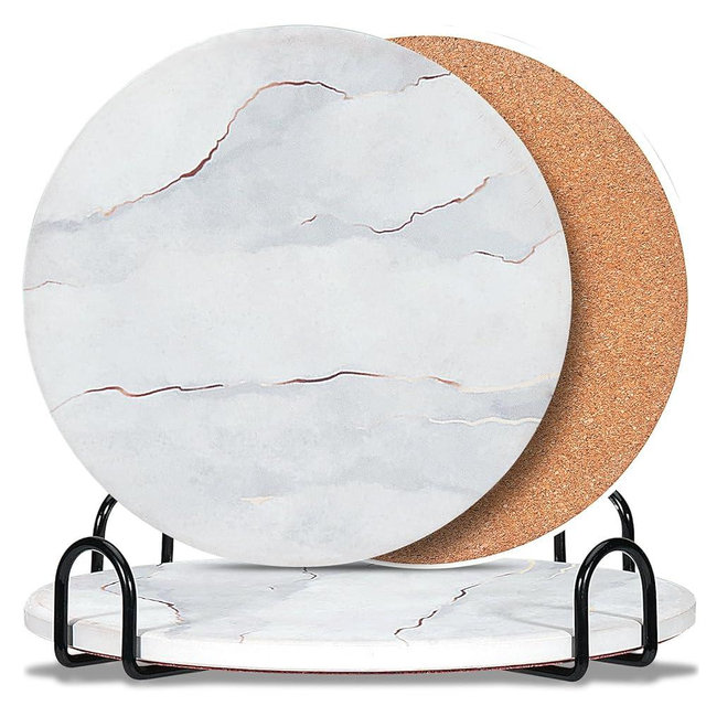 3-PCS 7 Inch Ceramic Marble Style Trivets for Hot Dishes, Absorbent Heat Resistant Hot Pads with Cork Bottom Anti-Slip, Ceramic Trivet Mats with Holder for Kitchen Countertop Table